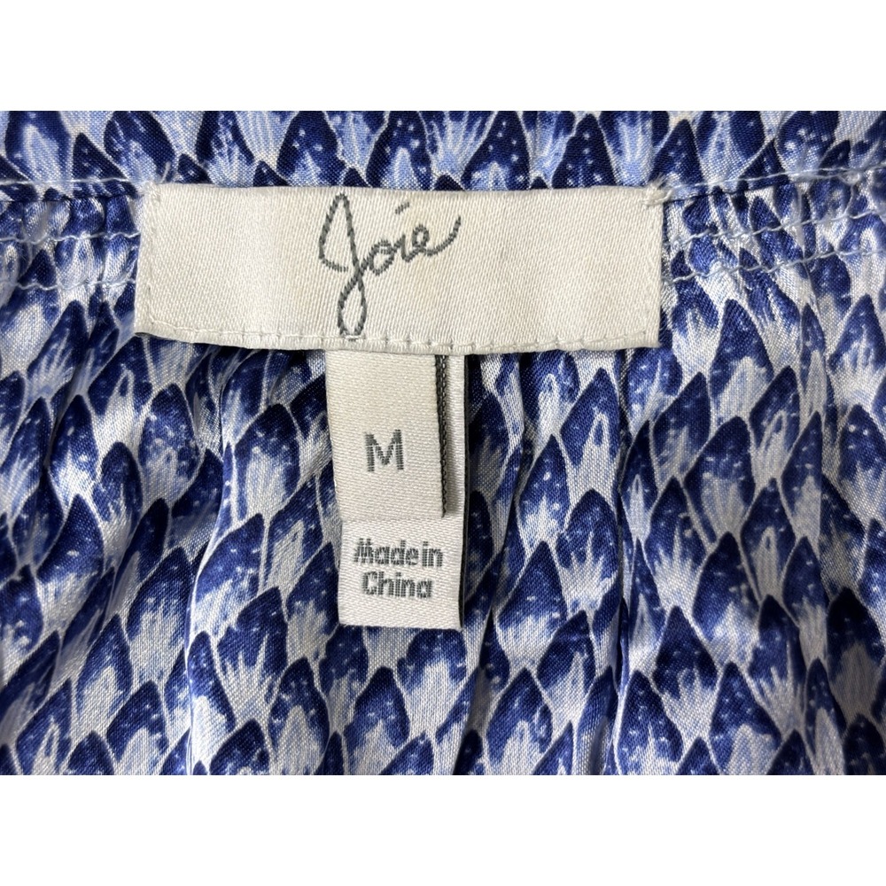 Joie 100% Silk Blouse M Blue Geometric Print Peasant Boho Luxury Top - Picture 6 of 7